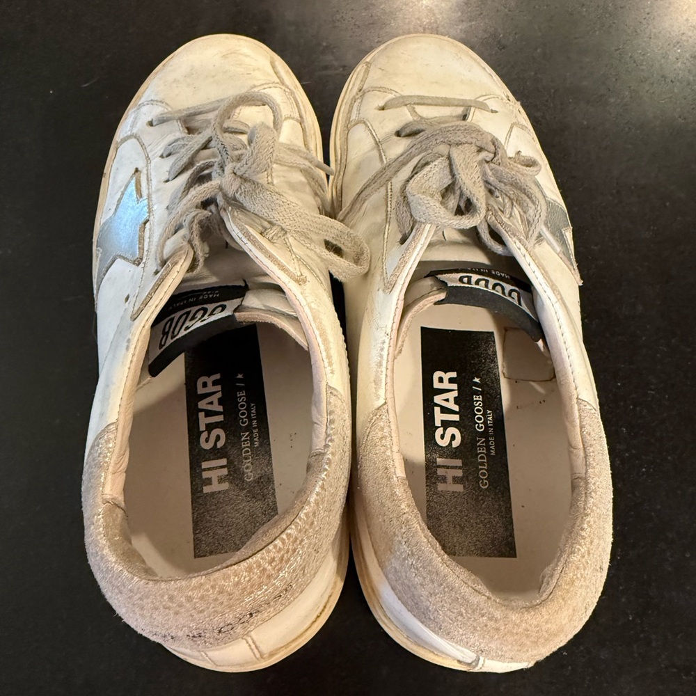 Golden Goose White Leather Hi-Star Sneakers with Metallic Silver Star - Picture 4 of 8